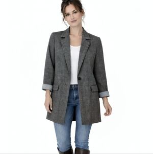 Adrianna Papell Gray Plaid Long Blazer Jacket Classic Tailored Coat M